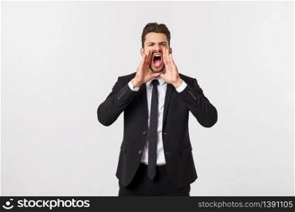 Businessman with long beard over isolated background shouting with mouth wide open.. Businessman with long beard over isolated background shouting with mouth wide open