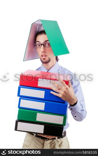 Businessman with lots of folders isolated on white