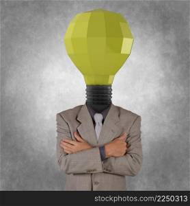 businessman with low polygonal 3d light bulb head concept symbol