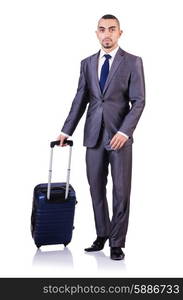 Businessman with luggage on white