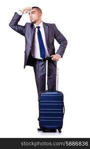 Businessman with luggage on white