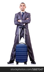 Businessman with luggage on white