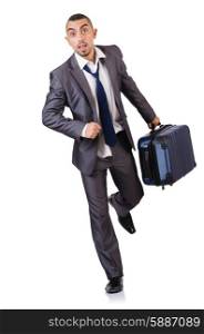 Businessman with luggage on white
