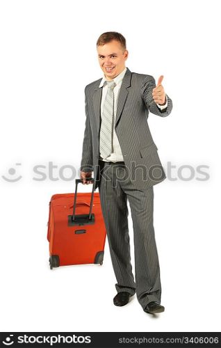 businessman with luggage shows ok gesture