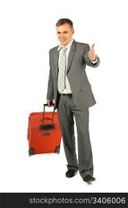 businessman with luggage shows ok gesture