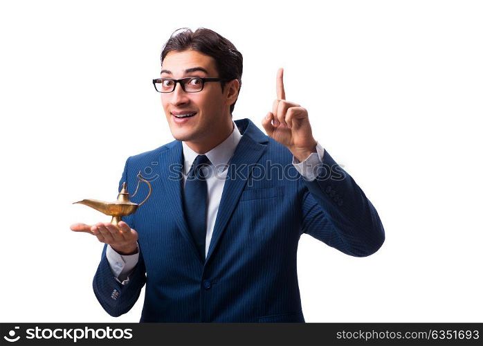 Businessman with magic lamp isolated on white
