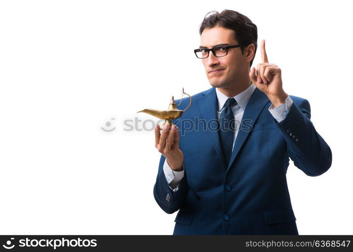 Businessman with magic lamp isolated on white