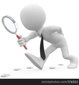 Businessman with magnifying glass looking for coins. Rendered at high resolution on a white background with diffuse shadows.