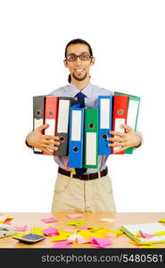 Businessman with many folders on white