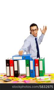 Businessman with many folders on white