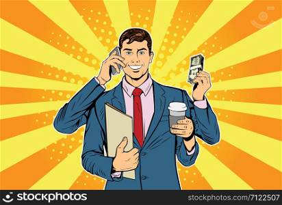 Businessman with many hands business concept of time management and multitasking. Retro style pop art vector illustration