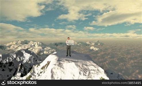 Businessman with Map, lost on top of the mountain