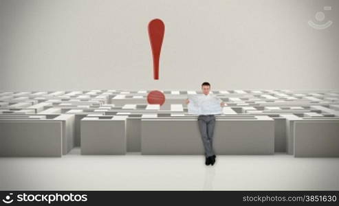 Businessman with Map trying to find his way in a Maze with Exclamation Sign, Alpha Matte