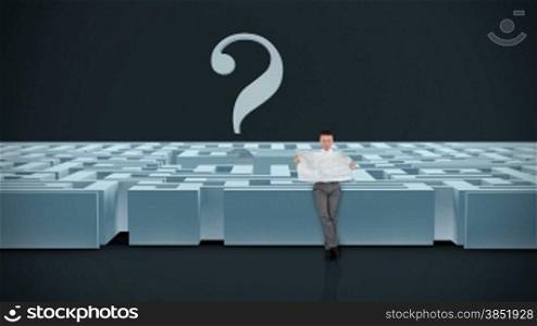 Businessman with Map trying to find his way in a Maze with Question Mark, dark room, Alpha Matte