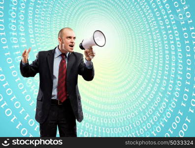 Businessman with megaphone. Image of angry businessman screaming in megaphone