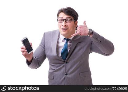 Businessman with mobile phone isolated on white