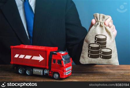 Businessman with money bag and truck. High income of the transport business and the transport of goods. Rising prices, global containers shortage crisis. Logistics. Good salaries for drivers.