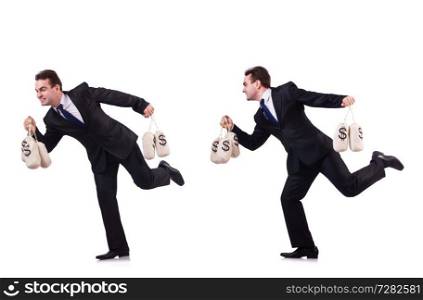 Businessman with money sacks isolated on white 