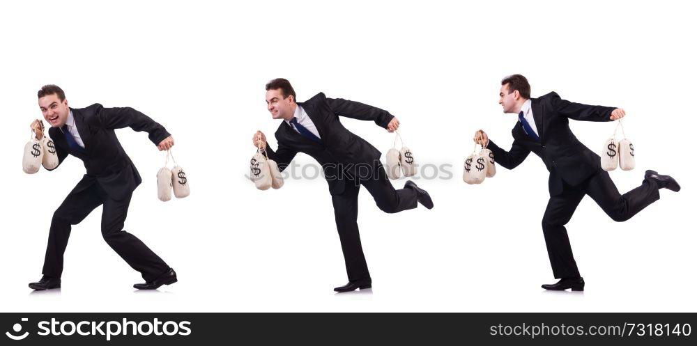 Businessman with money sacks isolated on white 