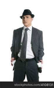 Businessman with no money in pants pockets isolated on white