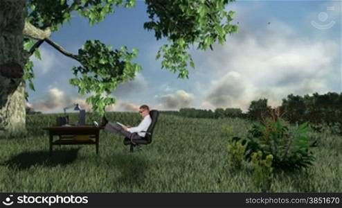 Businessman with Office on green meadow, countryside scenery