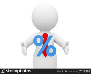Businessman with percent symbol on a white background. 3d render illustration.. Businessman with percent symbol on a white background.