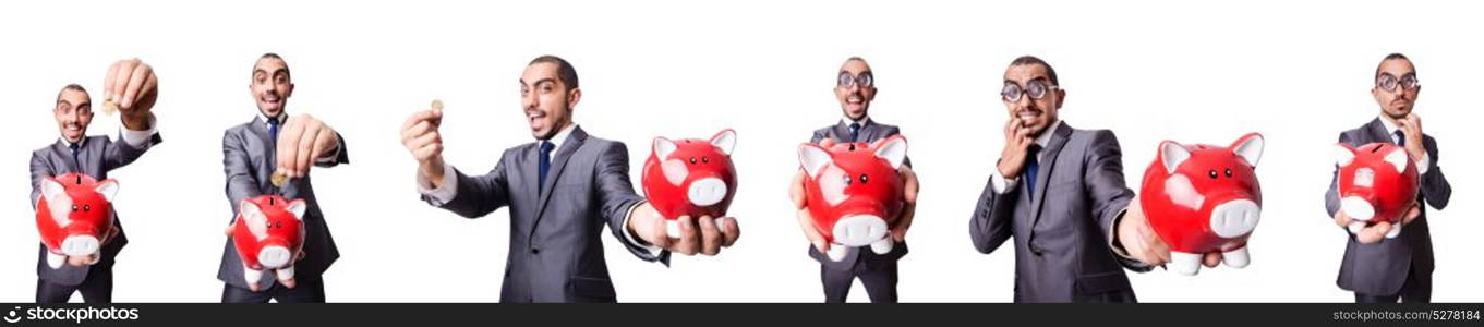 Businessman with piggybank on white