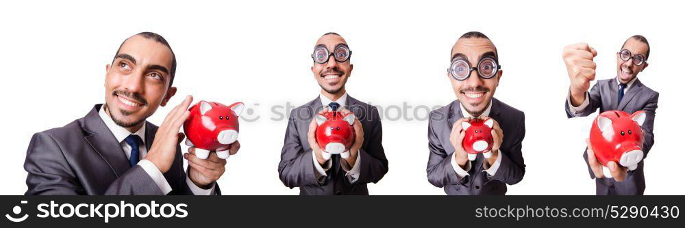 Businessman with piggybank on white