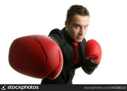Businessman with red boxer gloves isolated over white