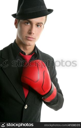 Businessman with red boxer gloves isolated over white