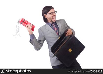 Businessman with red sticks of dynamite in terrorist concept isolated on white