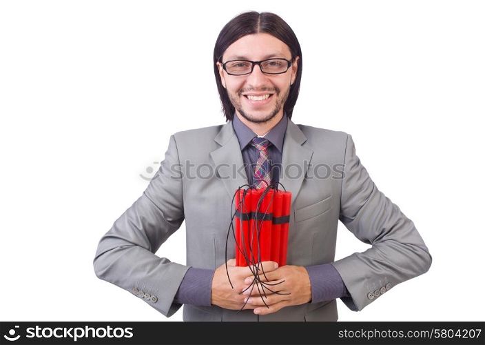 Businessman with red sticks of dynamite in terrorist concept isolated on white