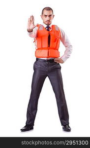 Businessman with rescue safety vest on white