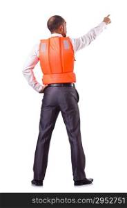 Businessman with rescue safety vest on white