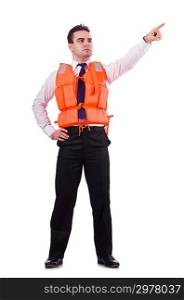 Businessman with rescue safety vest on white