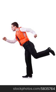 Businessman with rescue safety vest on white