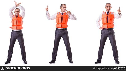 Businessman with rescue safety vest on white