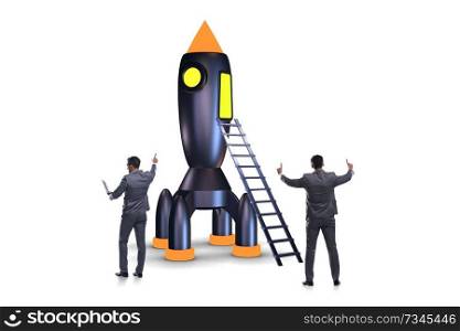 Businessman with rocket isolated on white background
