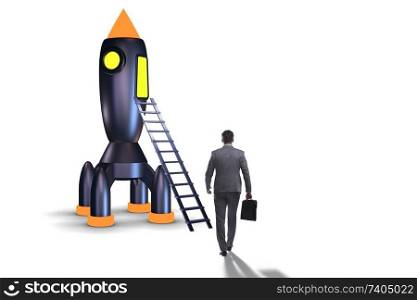 Businessman with rocket isolated on white background