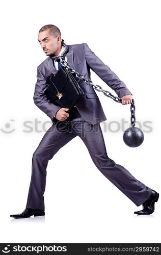 Businessman with shackles on white