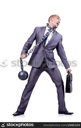 Businessman with shackles on white