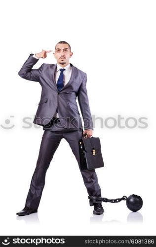 Businessman with shackles on white