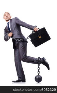 Businessman with shackles on white