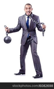 Businessman with shackles on white