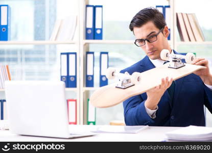 Businessman with skateboard in office