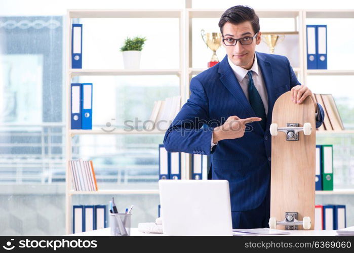 Businessman with skateboard in office