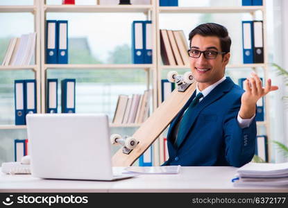 Businessman with skateboard in office