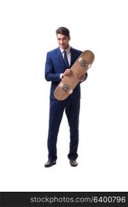 Businessman with skateboard isolated on white background
