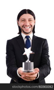 Businessman with star award isolated on white