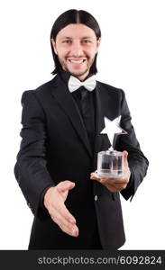 Businessman with star award isolated on white